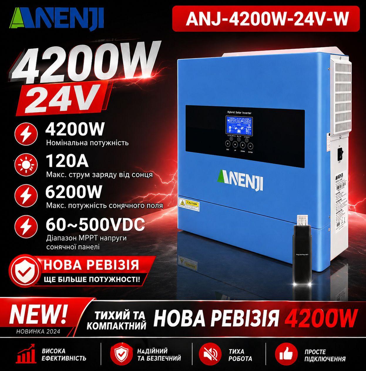 Гібридний інвертор Anenji 2026 4,2 кВт 24 В з Wi-Fi — фото 1 из 4