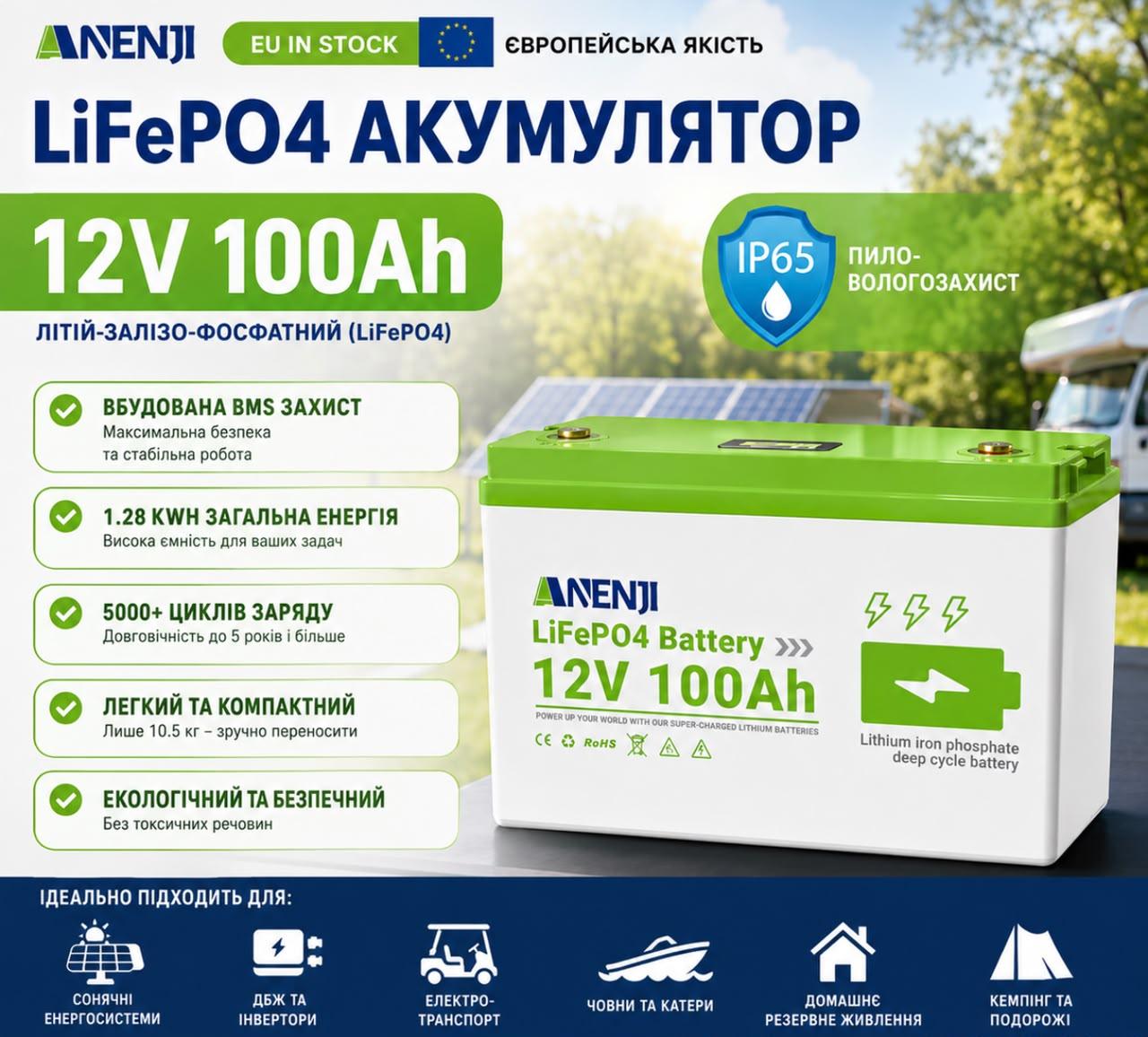 Акумулятор LiFePO4 ANENJI 12V 100Ah для резервного живлення — фото 1 из 3