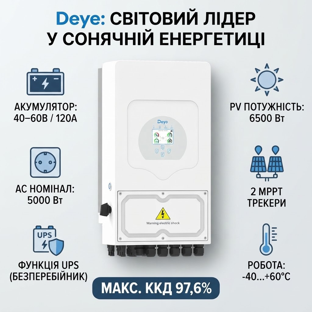 Однофазний гібридний інвертор Deye 5000 Вт 48 В — фото 1 из 4