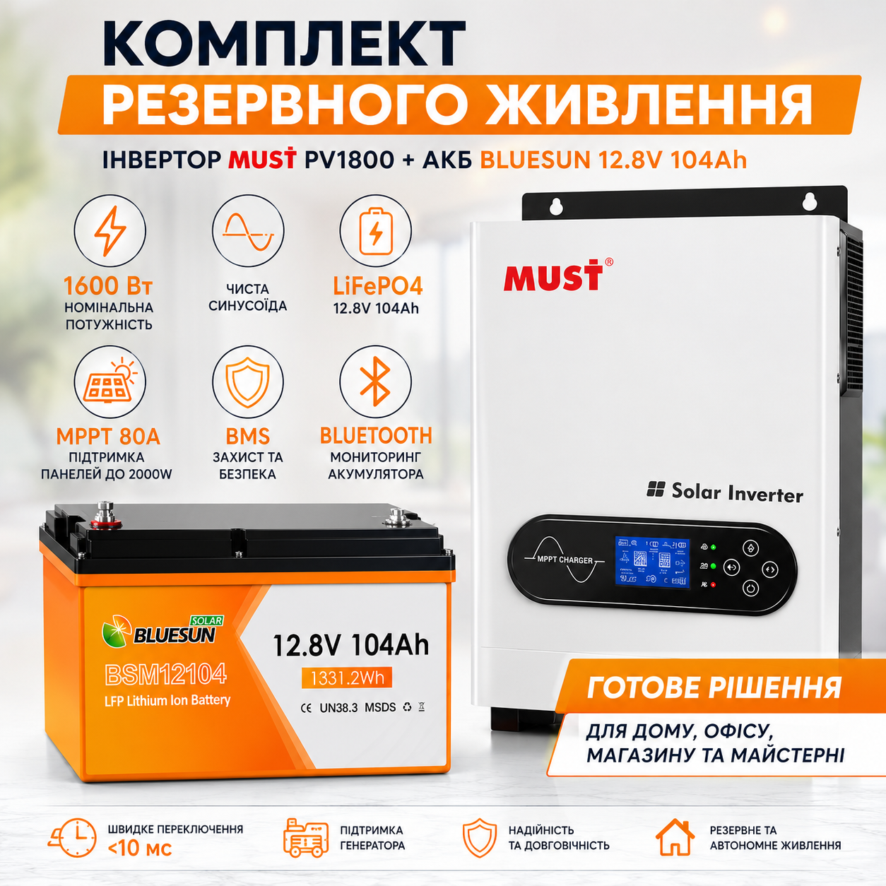 Комплект резервного живлення Must 2000 Вт з акумулятором BlueSun — фото 1 из 4