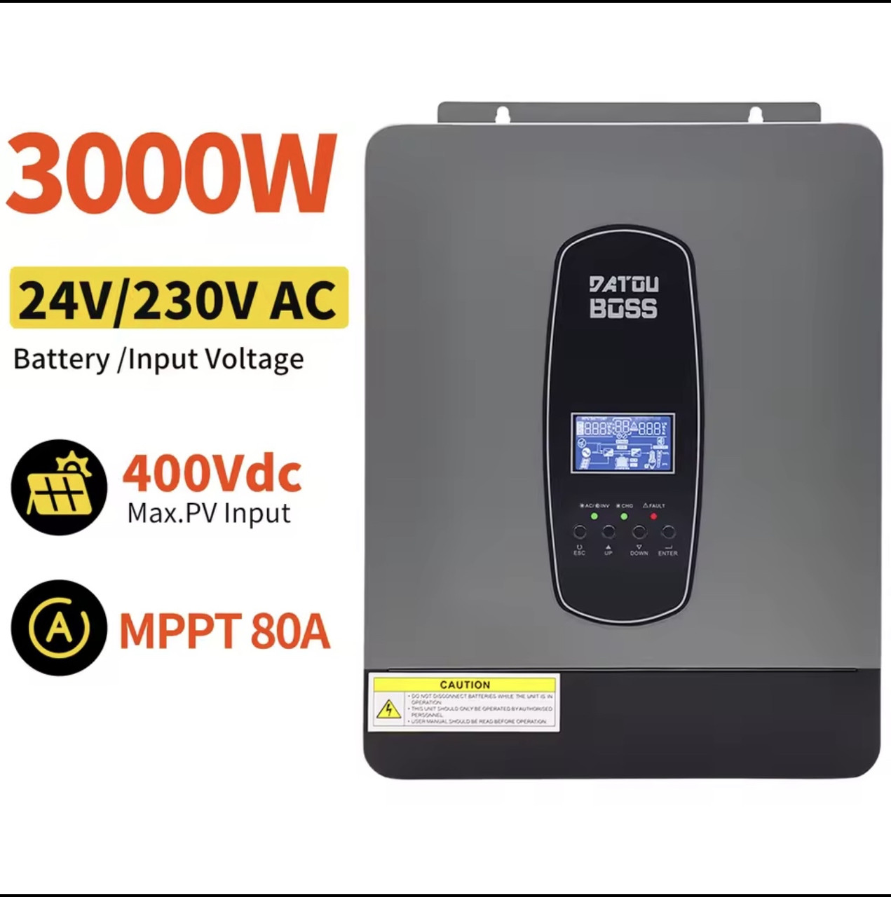 Гібридний інвертор DATOUBOSS 24V 3000W MPPT 100A для сонячних панелей — фото 1 из 4